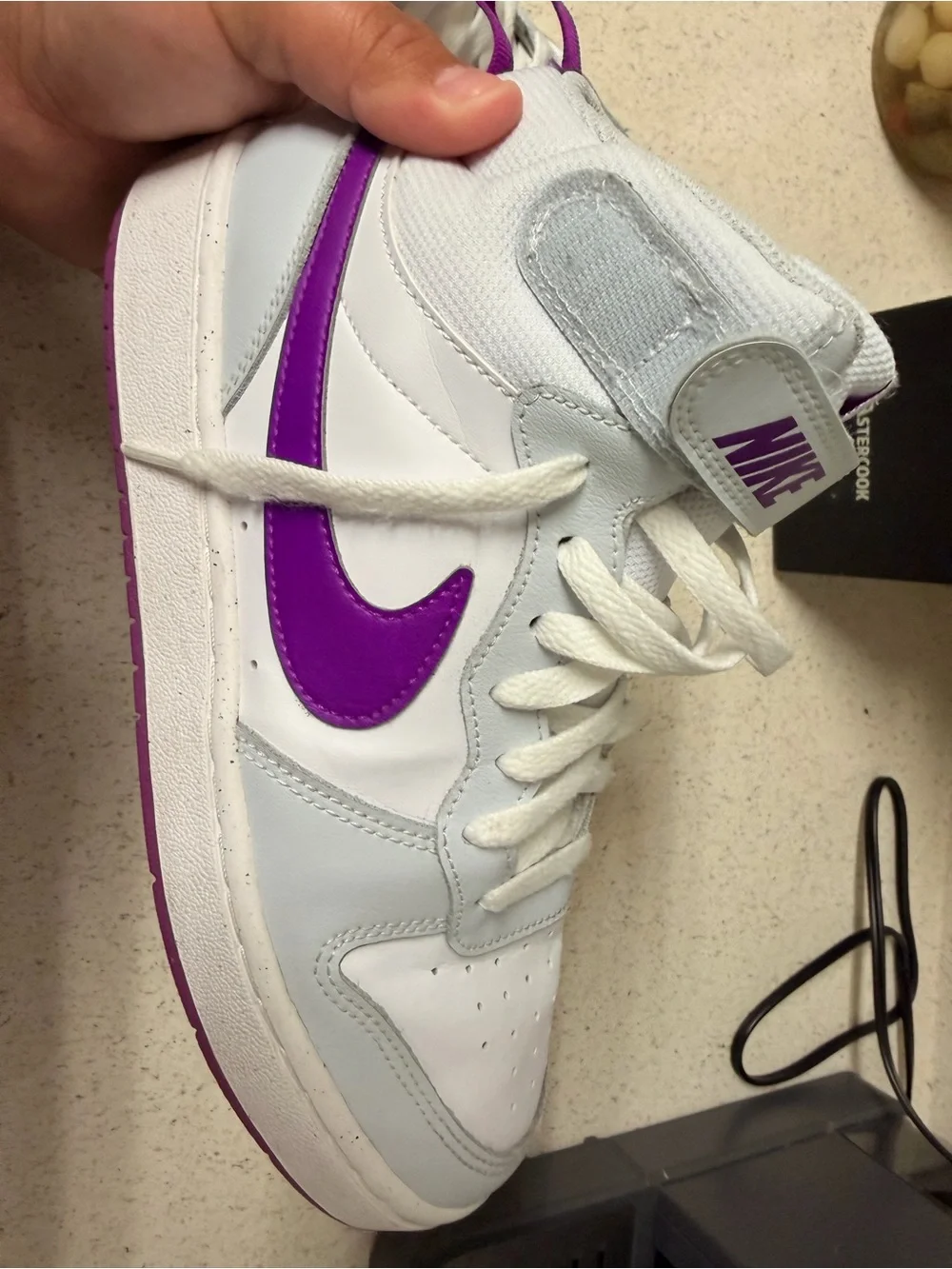 Nike Kids White and Purple High-Top Sneakers with Logo